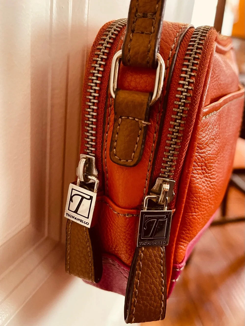 Tignanello Genuine Leather-Two Tone Orange/Fuchsia/Pink Crossbody